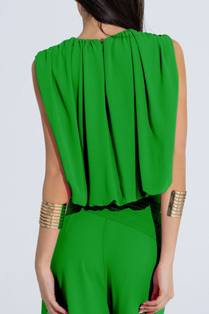 Q2 Women's Blouse Green Chiffon Top With Ruche Design