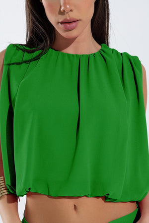 Q2 Women's Blouse Green Chiffon Top With Ruche Design