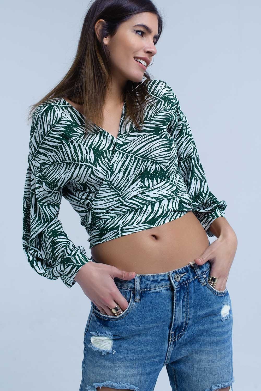 Q2 Women's Blouse Green leaf print blouse with plunge neck