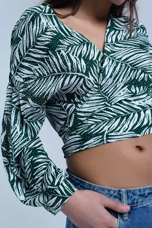 Q2 Women's Blouse Green leaf print blouse with plunge neck