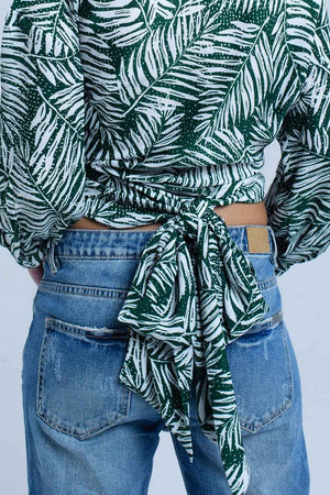 Q2 Women's Blouse Green leaf print blouse with plunge neck