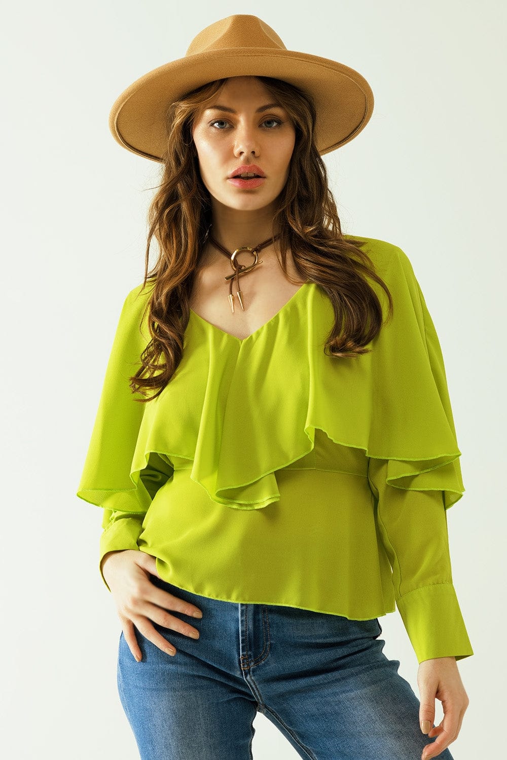 Q2 Women's Blouse Green Long Sleeve Top With A Ruffle Detail And Bare Back