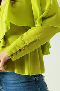 Q2 Women's Blouse Green Long Sleeve Top With A Ruffle Detail And Bare Back