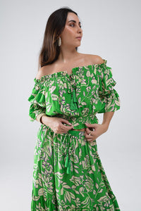 Q2 Women's Blouse Green Off The Shoulder Top With Elastic Waist In Floral Print