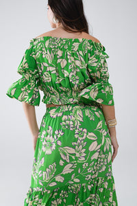 Q2 Women's Blouse Green Off The Shoulder Top With Elastic Waist In Floral Print