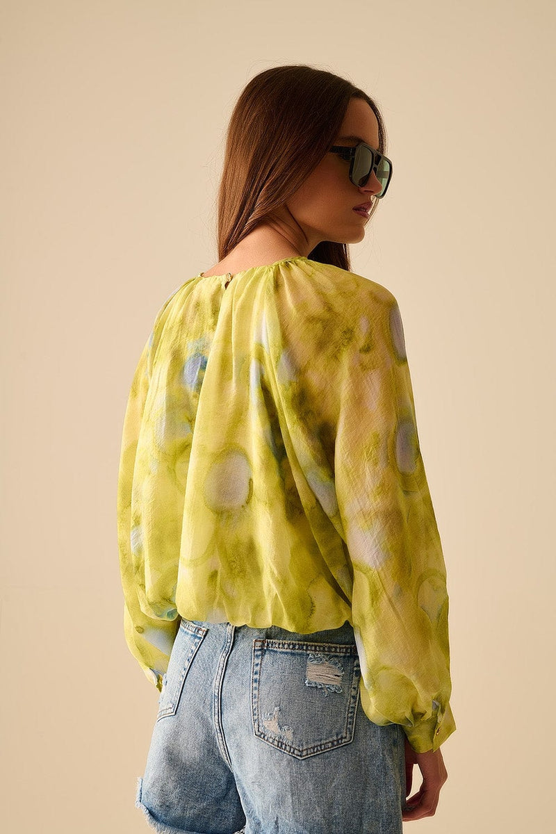 Q2 Women's Blouse Green Printed Chiffon Blouse With Balloon Sleeves
