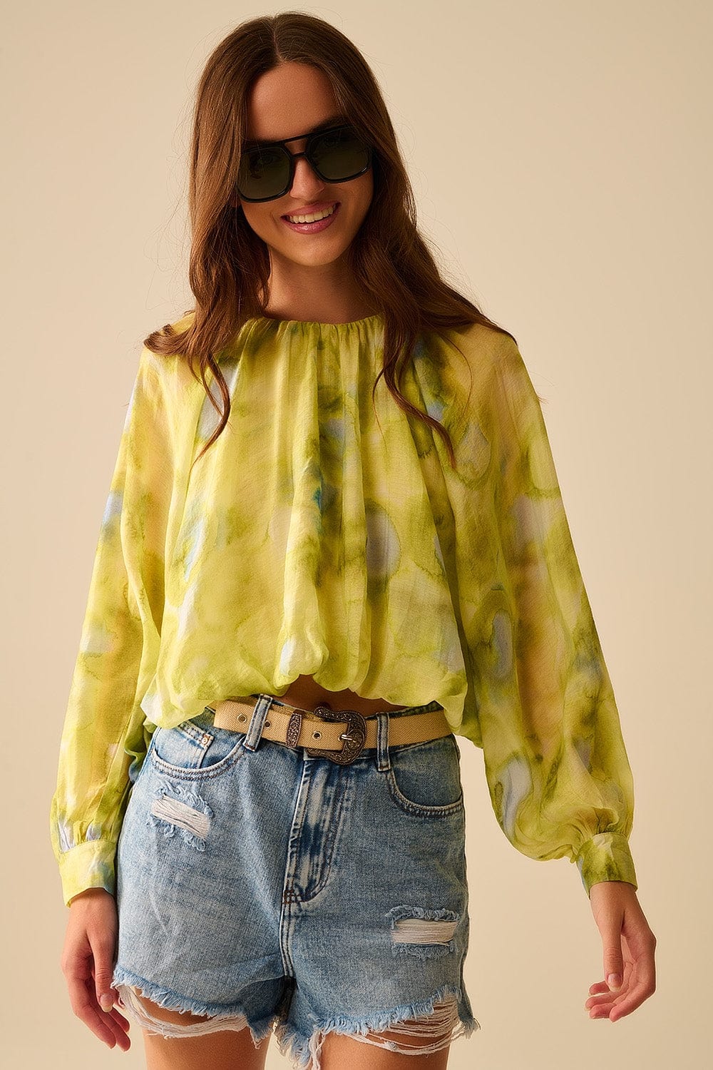 Q2 Women's Blouse Green Printed Chiffon Blouse With Balloon Sleeves
