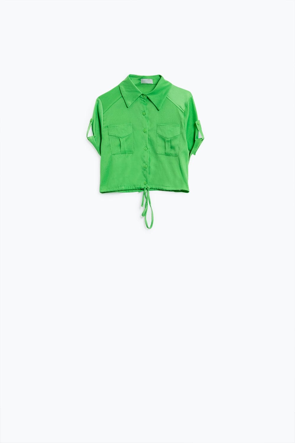 Q2 Women's Blouse Green Short Satin Blouse With Chest Pockets And Drawstrings At Bottom