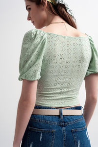 Q2 Women's Blouse Green Short Top in Batiste Fabric with Puffed Sleeves