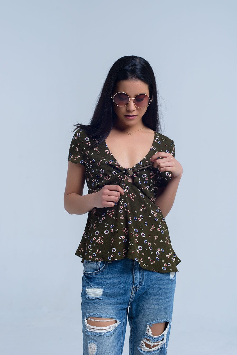 Q2 Women's Blouse Green top with floral print
