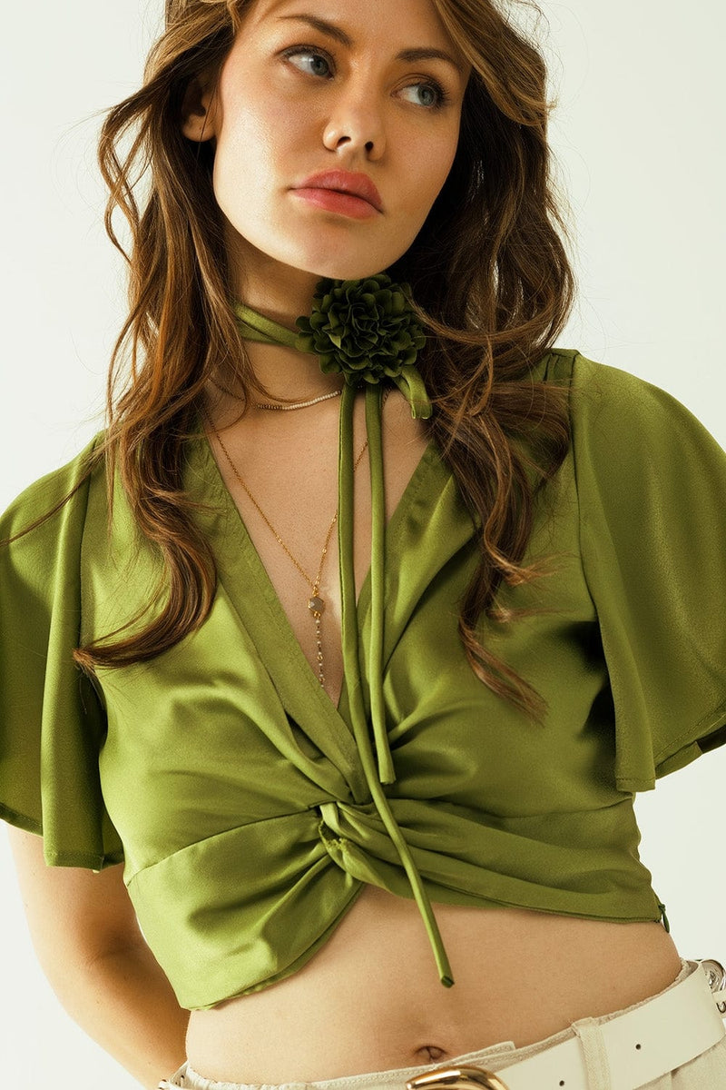 Q2 Women's Blouse Green V-Neck Crop Top With Short Sleeves And A Flower Detail On The Neck