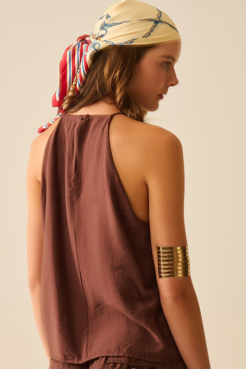 Q2 Women's Blouse Halter Neck Basic Summer Tank In Chocolate Brown