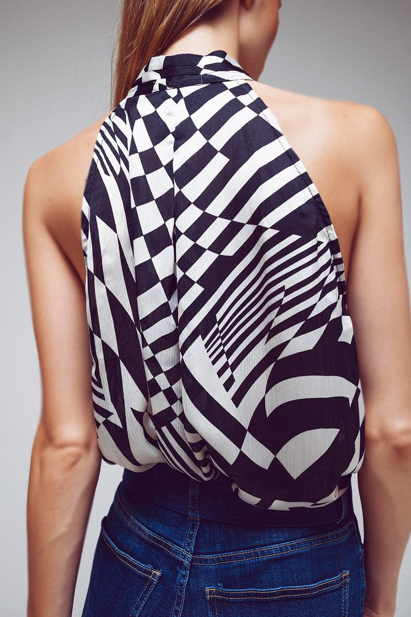 Q2 Women's Blouse Halter Top With Tie Neck In Abstract Black And White Print