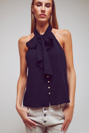 Q2 Women's Blouse Halter Top With Tie Neck In Black