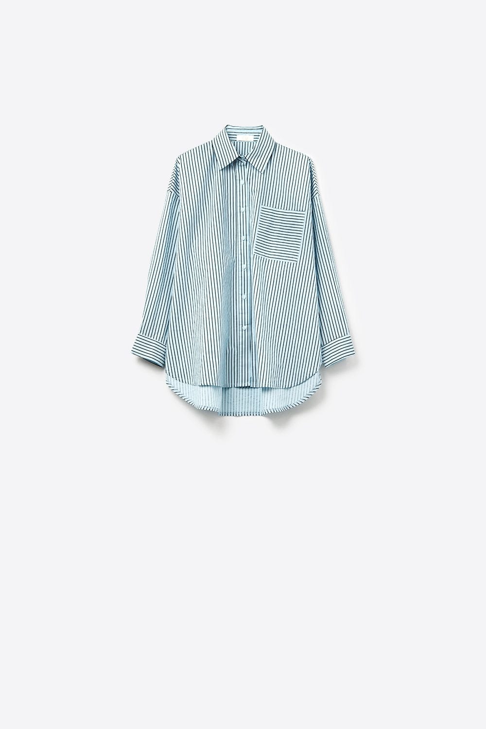 Q2 Women's Blouse High-Low Oversized Striped Shirt With Chest Pocket In Black And Blue