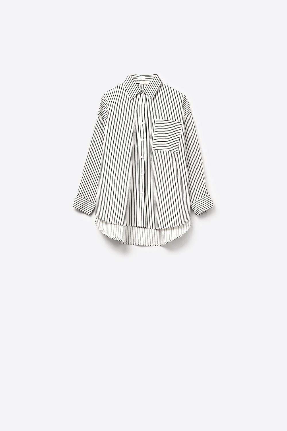 Q2 Women's Blouse High-Low Oversized Striped Shirt With Chest Pocket In Black And White