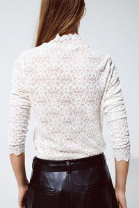 Q2 Women's Blouse High Neck Top With Embroided Flowers And Scallop Details In White