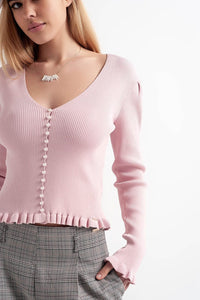 Q2 Women's Blouse Jersey with Pearl Front in Pink