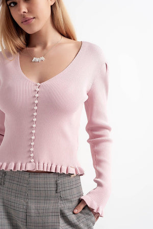 Q2 Women's Blouse Jersey with Pearl Front in Pink