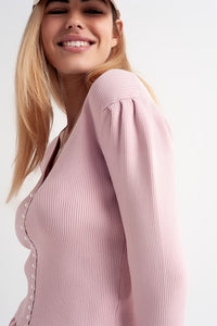 Q2 Women's Blouse Jersey with Pearl Front in Pink