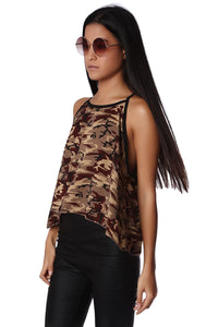 Q2 Women's Blouse Khaki camo print dip hem top