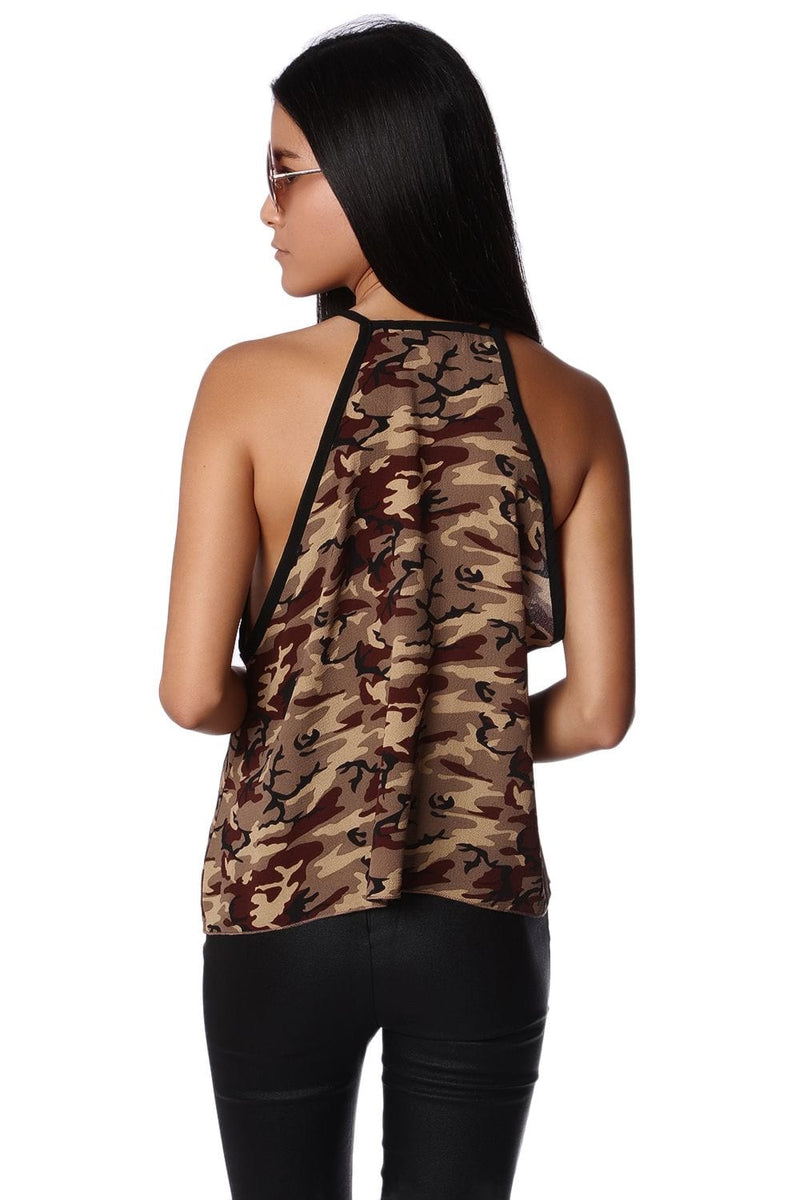 Q2 Women's Blouse Khaki camo print dip hem top