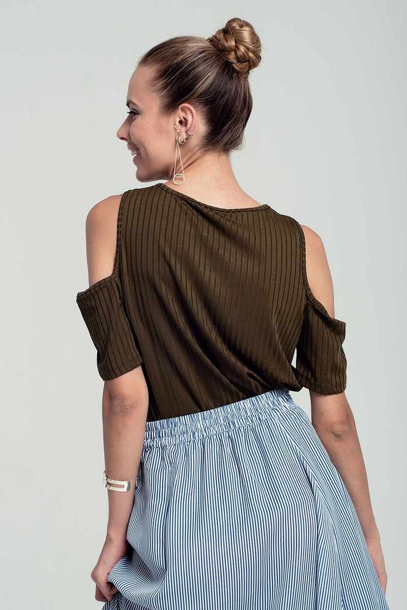 Q2 Women's Blouse Khaki cold shoulder top