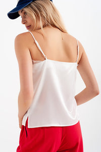 Q2 Women's Blouse Lace Insert Satin Cami Top in White