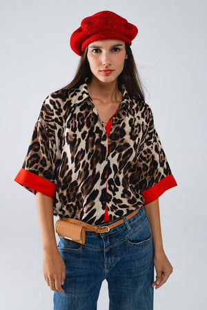 Q2 Women's Blouse Leopard 3/4 Sleeves Shirt With Red Details