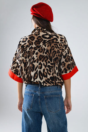 Q2 Women's Blouse Leopard 3/4 Sleeves Shirt With Red Details