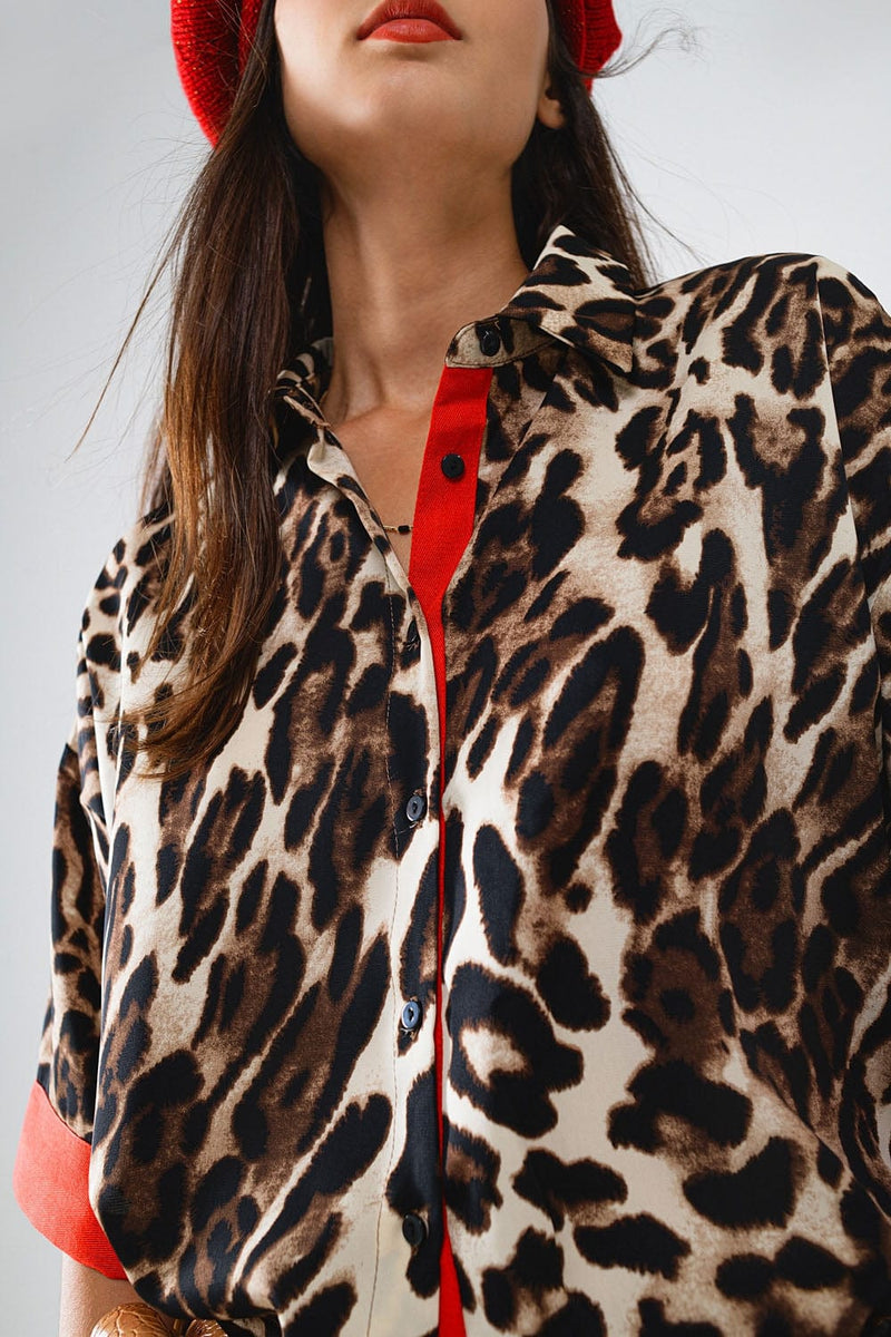 Q2 Women's Blouse Leopard 3/4 Sleeves Shirt With Red Details