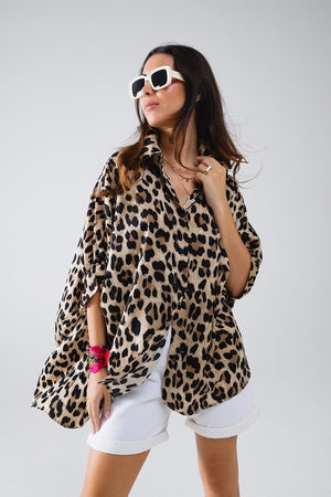 Q2 Women's Blouse Leopard Print Oversize Shirt With 3/4 Long Sleeves