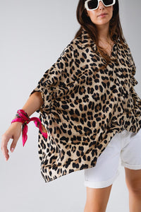 Q2 Women's Blouse Leopard Print Oversize Shirt With 3/4 Long Sleeves