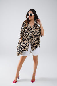 Q2 Women's Blouse Leopard Print Oversize Shirt With 3/4 Long Sleeves