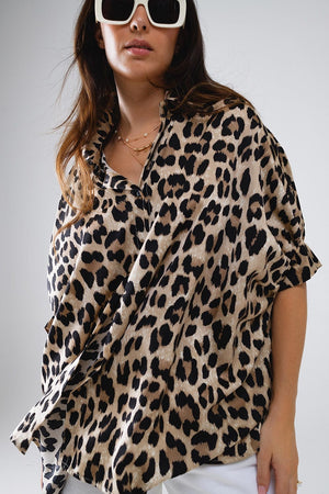 Q2 Women's Blouse Leopard Print Oversize Shirt With 3/4 Long Sleeves