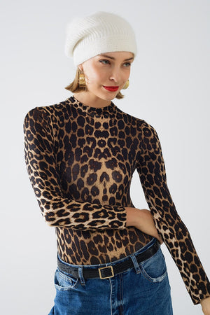 Q2 Women's Blouse Leopard Print Spandex Body With Long Sleeve