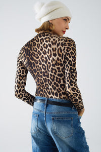 Q2 Women's Blouse Leopard Print Spandex Body With Long Sleeve