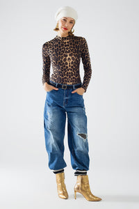 Q2 Women's Blouse Leopard Print Spandex Body With Long Sleeve