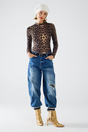 Q2 Women's Blouse Leopard Print Spandex Body With Long Sleeve