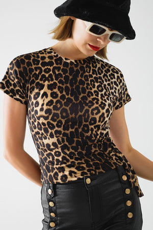 Q2 Women's Blouse Leopard Print Spandex T-Shirt With Bow Detail