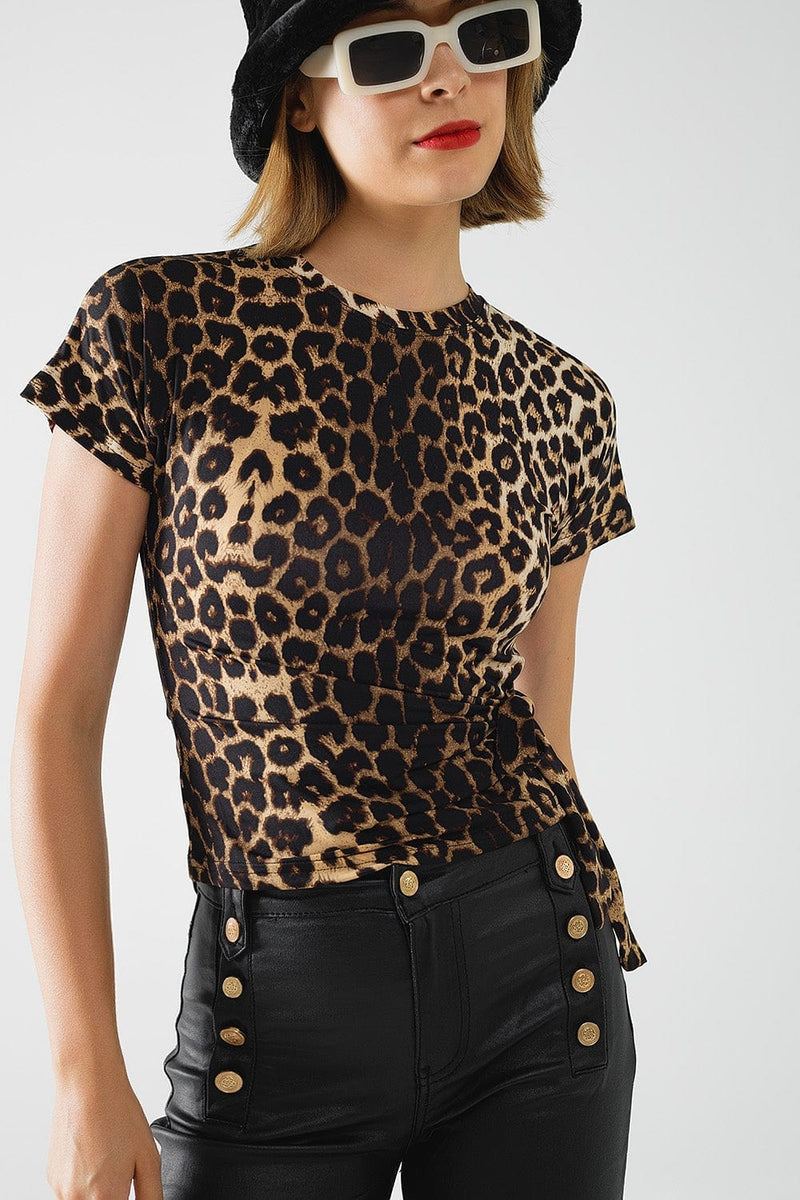 Q2 Women's Blouse Leopard Print Spandex T-Shirt With Bow Detail