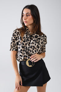 Q2 Women's Blouse Leopard Print Tie-Neck Shirt With Puff Sleeves