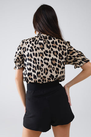 Q2 Women's Blouse Leopard Print Tie-Neck Shirt With Puff Sleeves