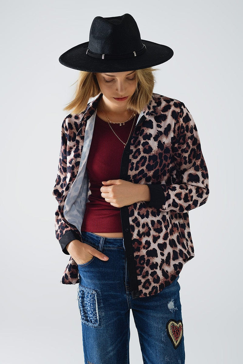 Q2 Women's Blouse Leopard Shirt With Black Satin Detail