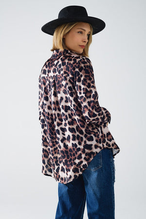 Q2 Women's Blouse Leopard Shirt With Black Satin Detail