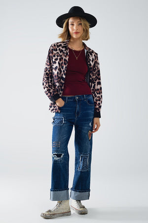 Q2 Women's Blouse Leopard Shirt With Black Satin Detail