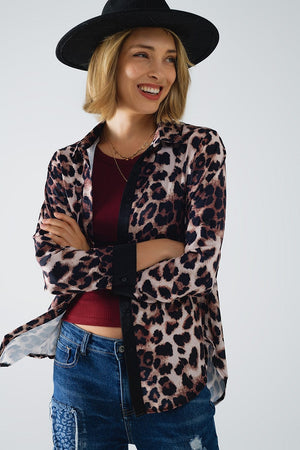 Q2 Women's Blouse Leopard Shirt With Black Satin Detail