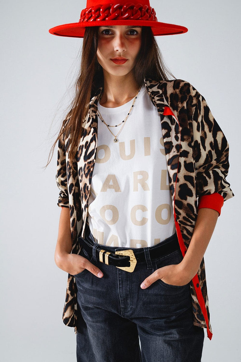 Q2 Women's Blouse Leopard Shirt With Red Button Placket And Red Sleeves Detail