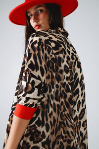 Q2 Women's Blouse Leopard Shirt With Red Button Placket And Red Sleeves Detail