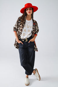 Q2 Women's Blouse Leopard Shirt With Red Button Placket And Red Sleeves Detail